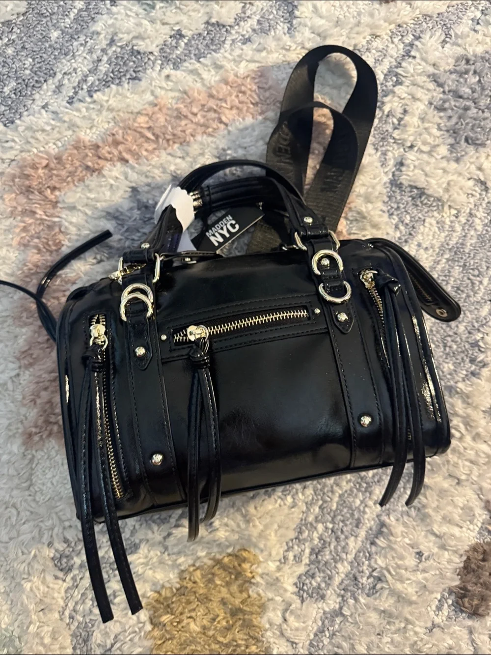 Madden NYC Black FAUX Leather Crossbody Satchel with Tassel Zippers